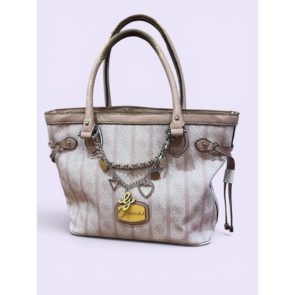Y2K Guess Pink Monogram Charm Tote Bag | Logo Chain Heart Rhinestone Charms